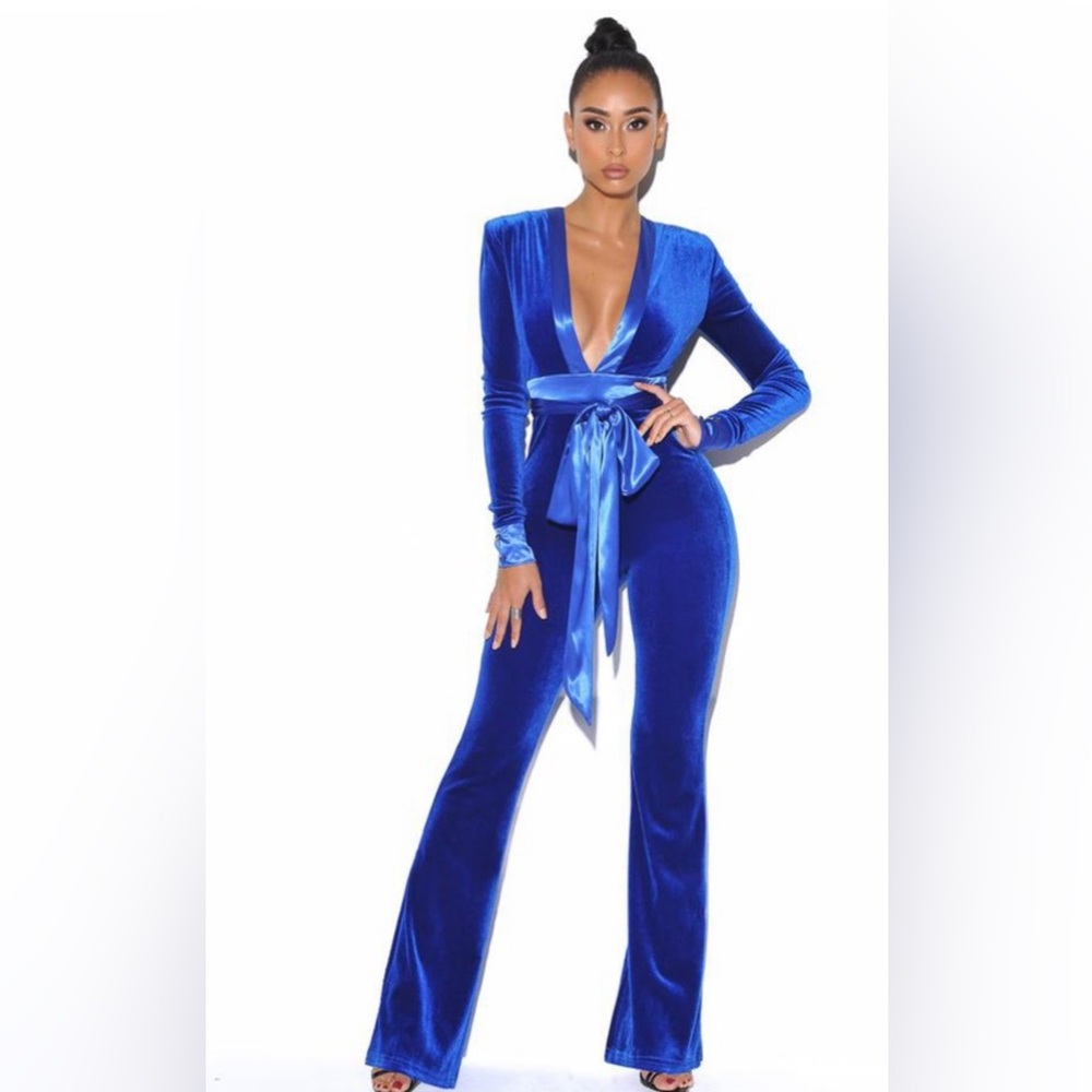 Glorious Royal Blue Long Sleeve Velvet Jumpsuit